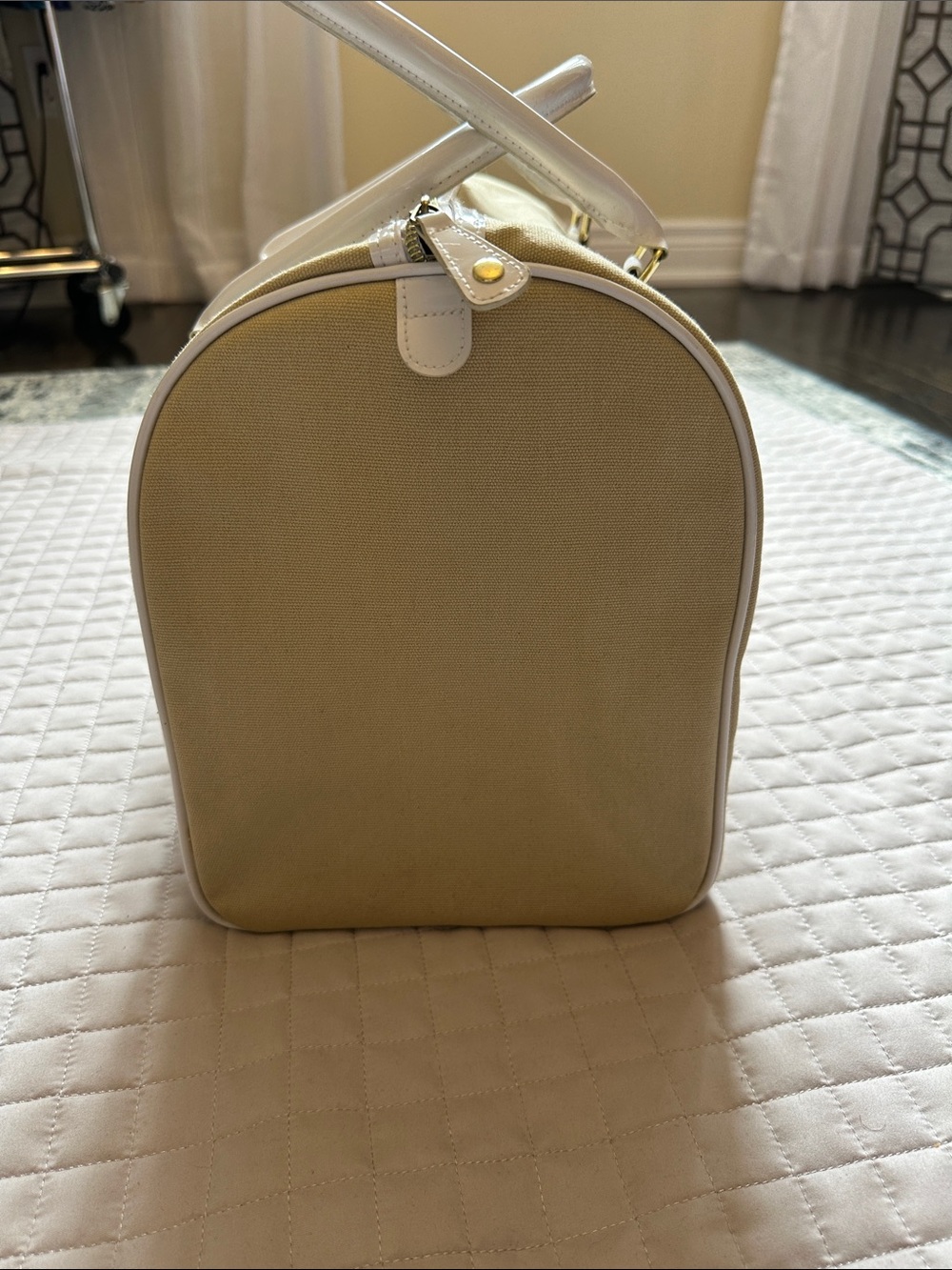 Canvas Satchel Handbag in Beige with White Handles - Picture 2 of 13